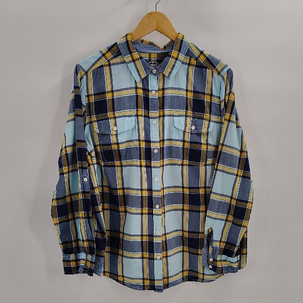 St. John's Bay Button Bown Shirt Size 1X Cotton Blue Yellow Plaid Long Sleeve